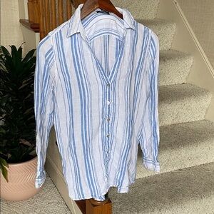 Jones & Co New York Casual Pure Linen Button Down Coastal Striped Shirt